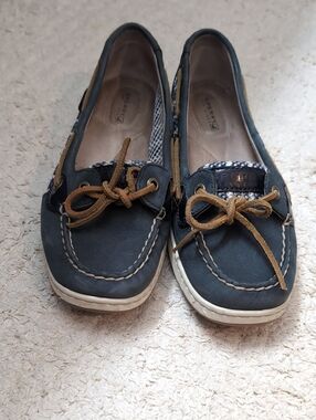 Sperry Navy Leather Moccasin with Tan Laces and White Sole - Women